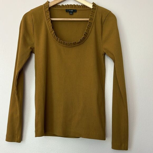 J Crew Ribbed Ruffle Neck Long Sleeve Shirt Bronzed Surplus Brown Women's Small - Picture 4 of 10